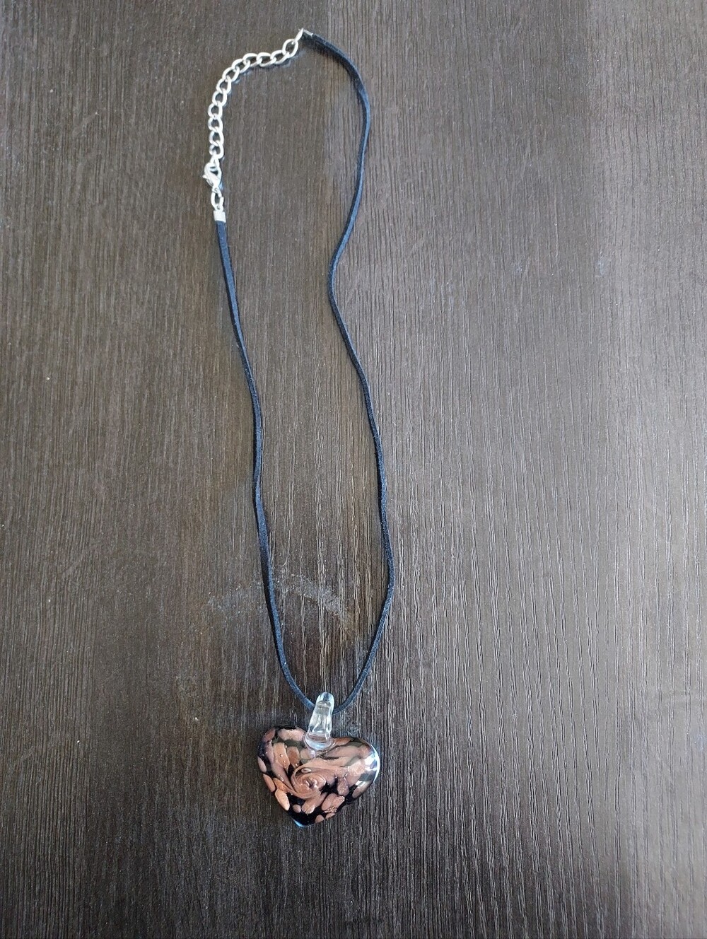 Black Cord Necklace with Pink Rose-Patterned Heart Pendant